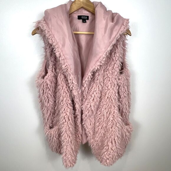 A.N.A. Womens Pink Faux Sheep Fur Hooded Jacket Vest Pockets Cozycore Large Coat - Picture 4 of 16
